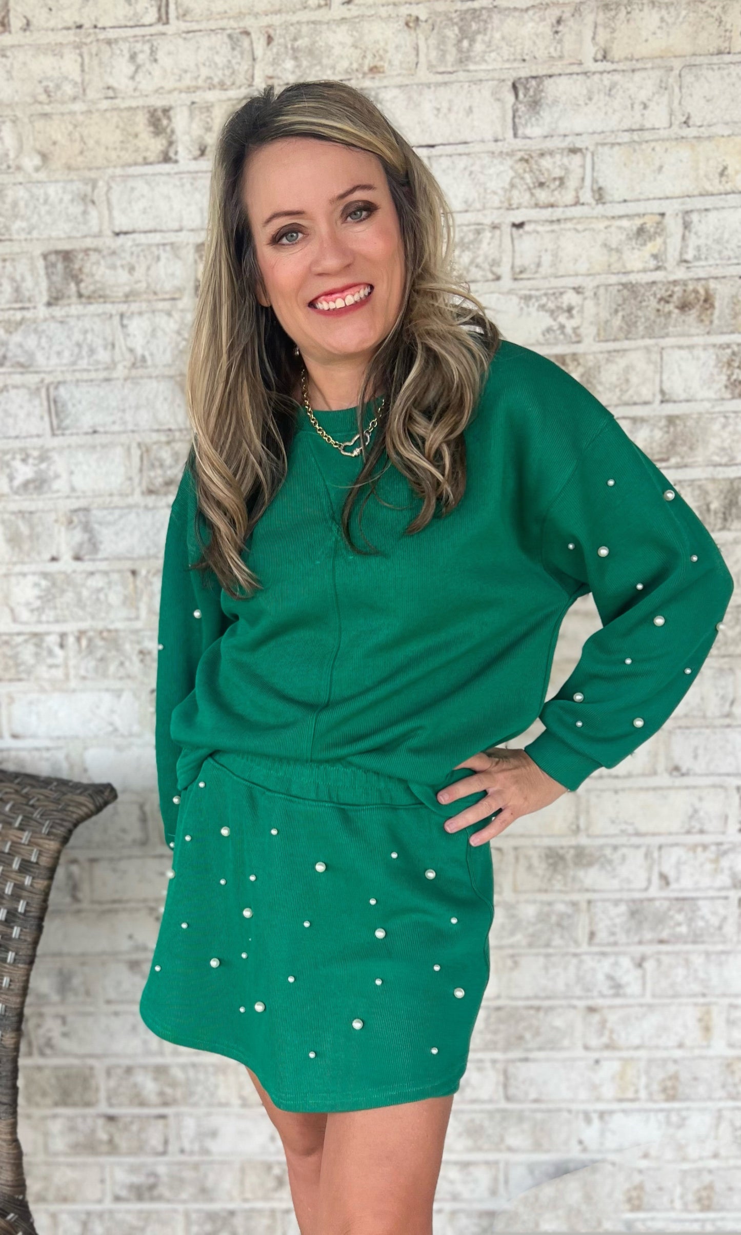 Green Pearl Embellished Knit Skort Set