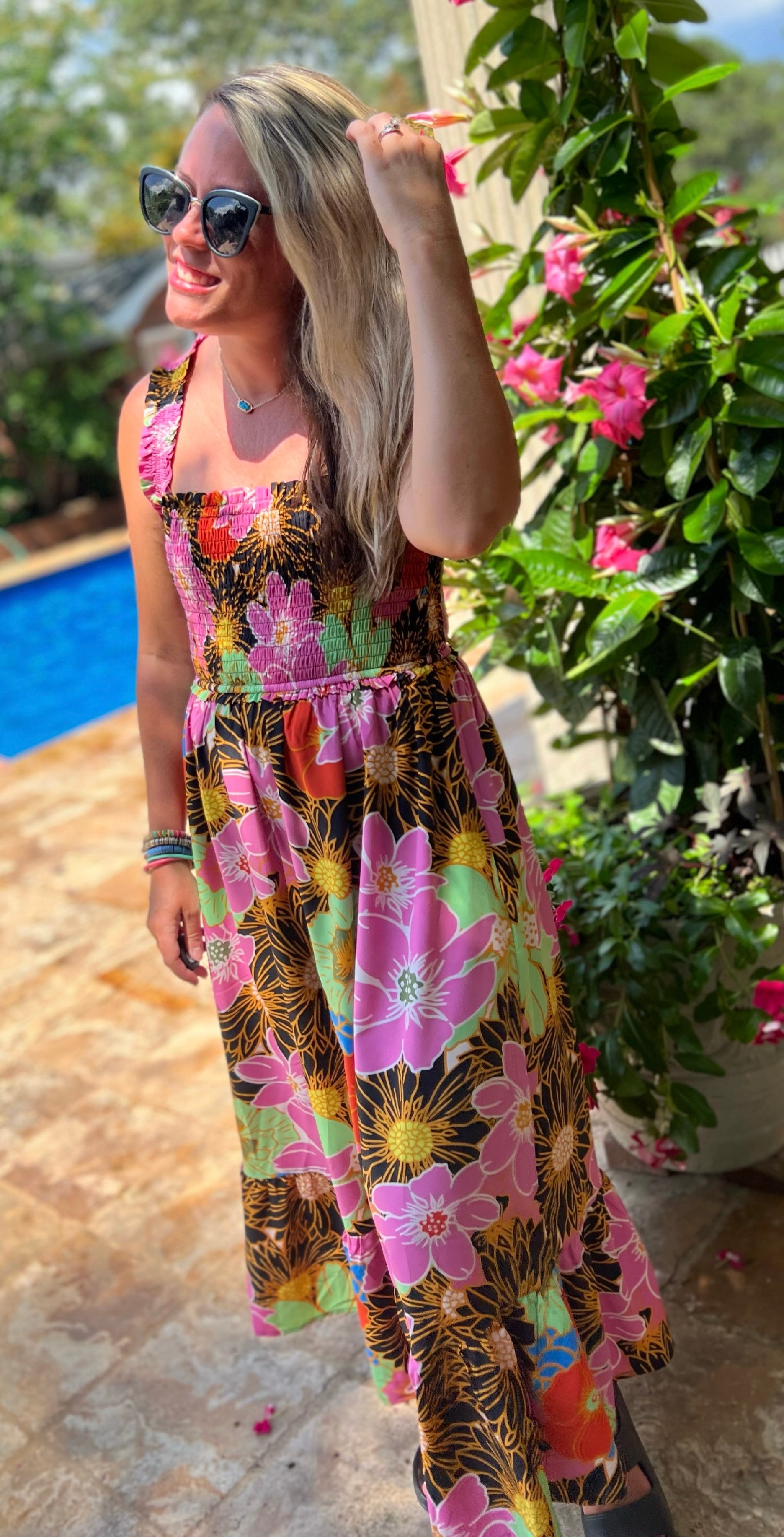 floral smocked maxi dress Printed Serene Sapphire XS Puff Sleeve Botanic Muse Maxi Dress Light