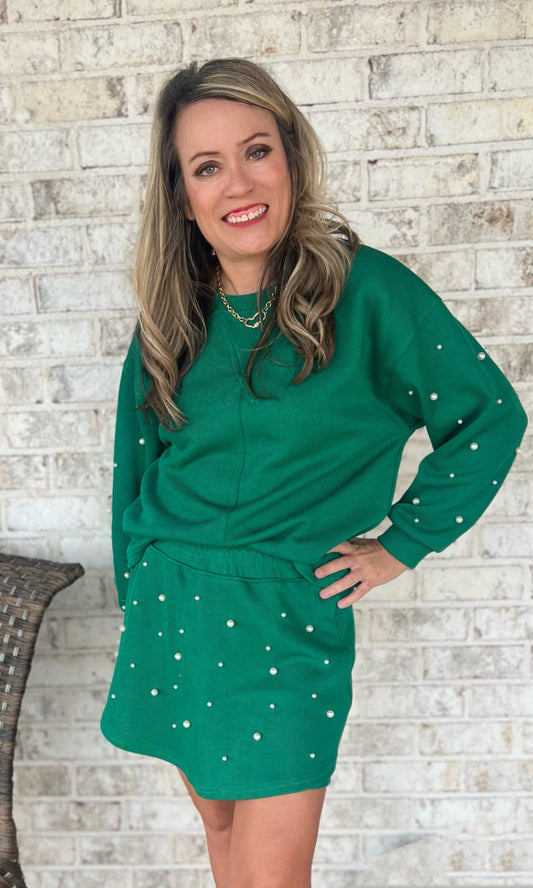 Green Pearl Embellished Knit Skort Set