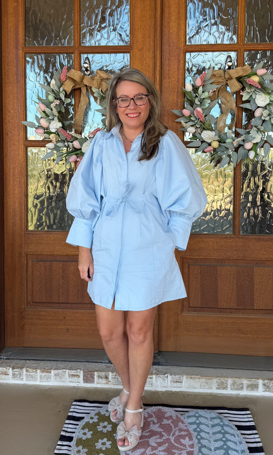 Light Blue Balloon Sleeve Tie Waist Mini Shirt Dress