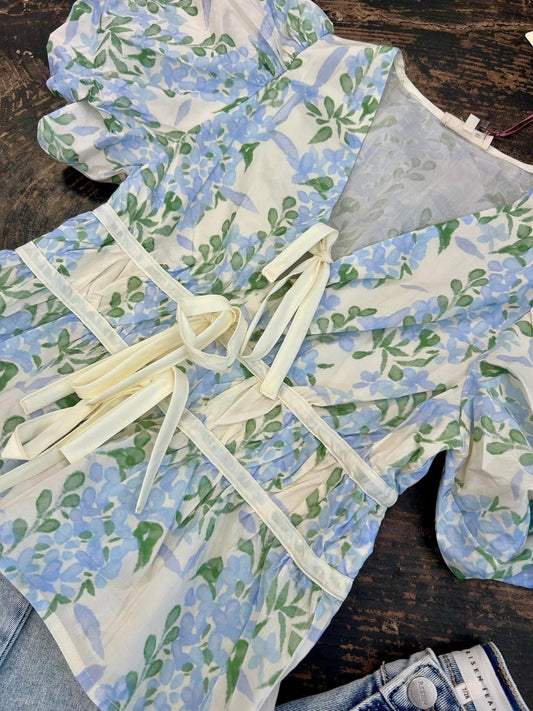 Blue Floral Front Tie Top