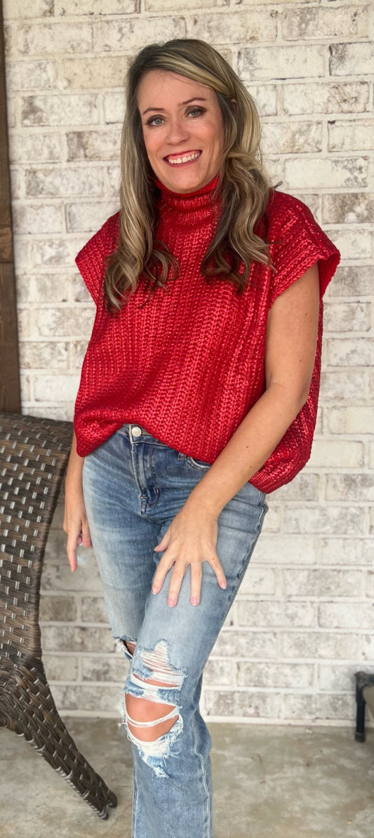 Red Metallic Foil Sleeveless Sweater