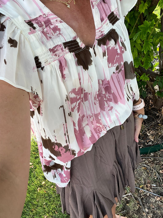 V Neck Flutter Sleeve Top
