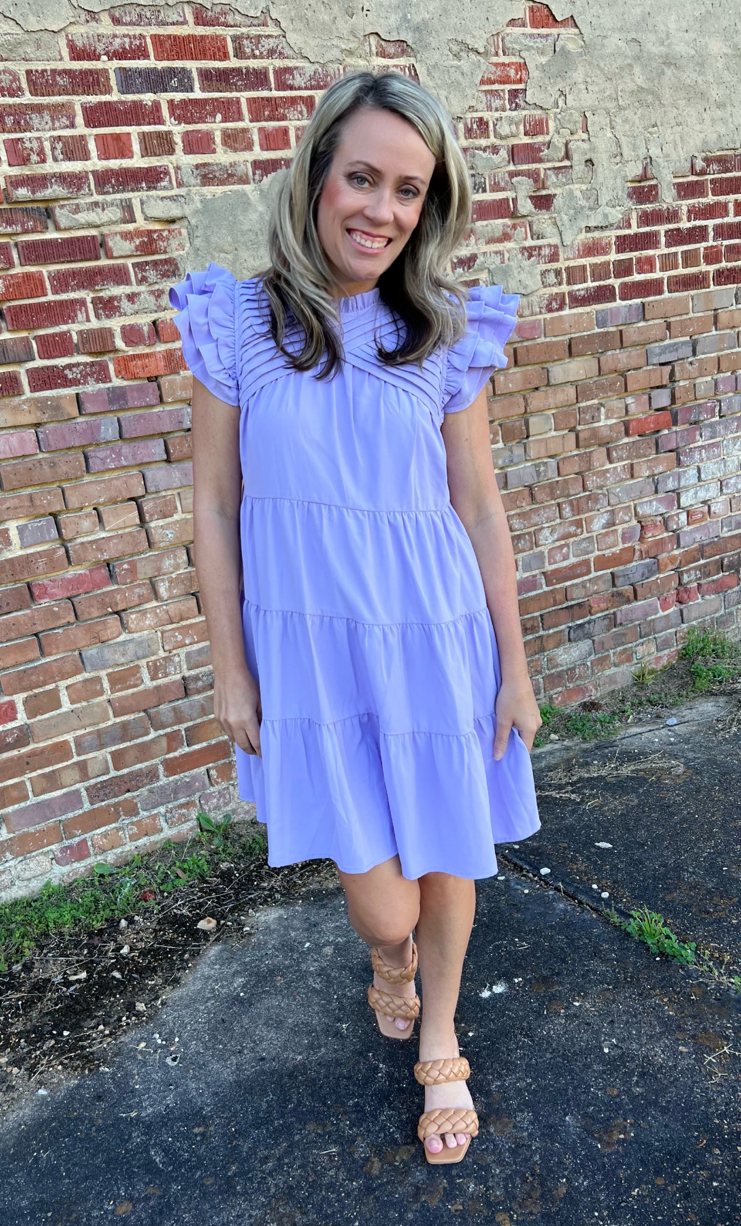 Ruffle Shoulder Dress with Pintuck Detailing