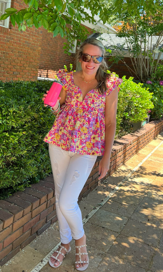 Floral Print Sweetheart Neckline Top with Ruffle Sleeves