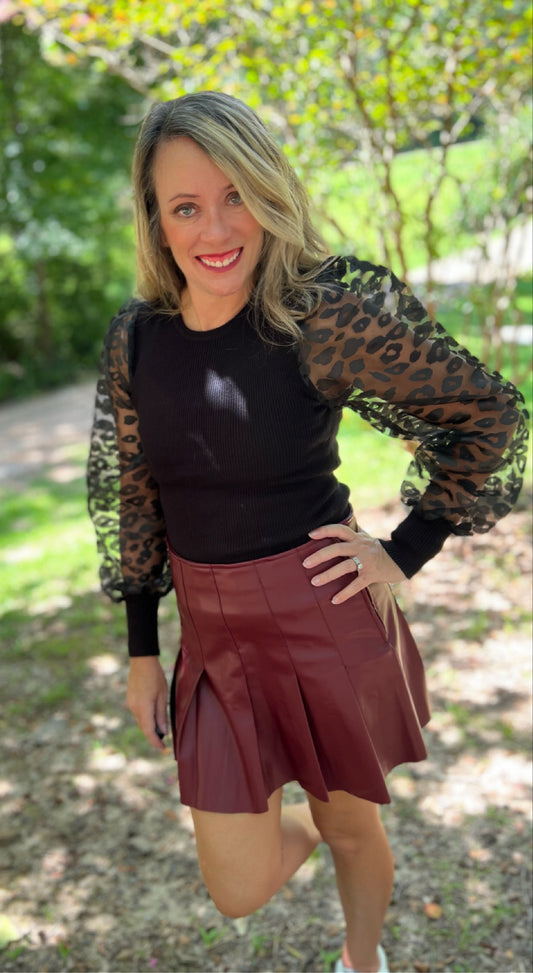 Ribbed Top with Sheer Leopard Print Sleeves
