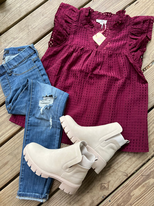 Sheer Grid Print V Neck Top