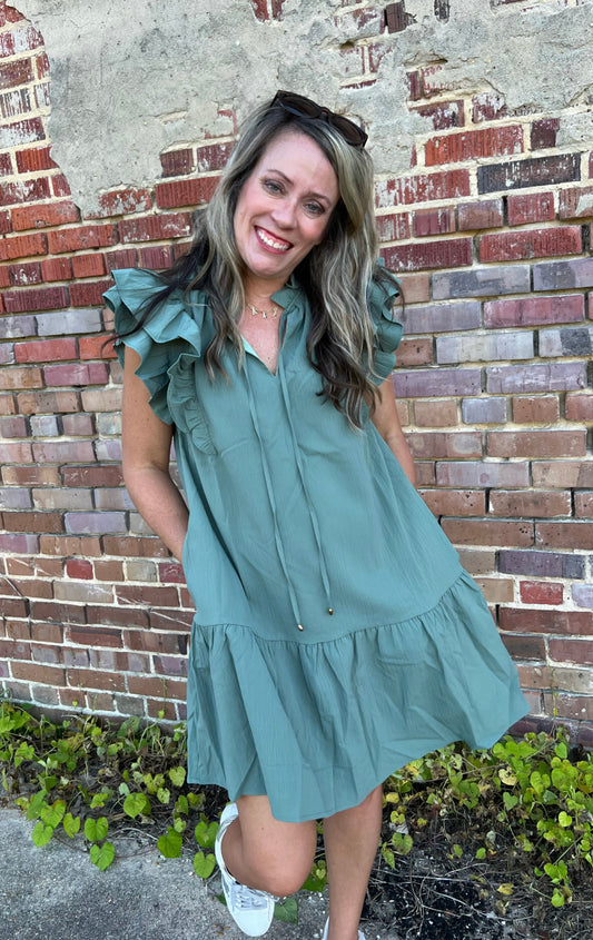 V Neck Ruffle Sleeve Dress