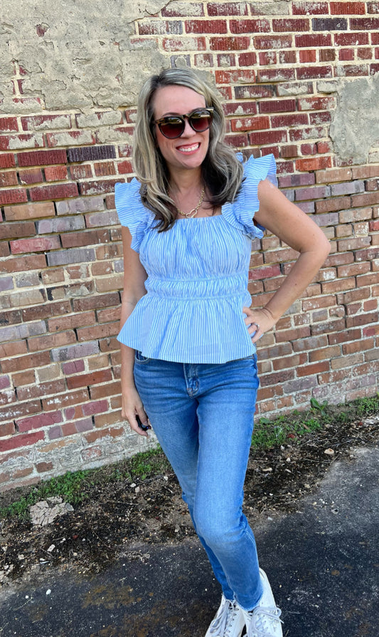 Pinstripe Ruffle Sleeved Top
