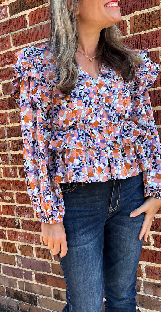 Floral Print Top with Ruffle Details