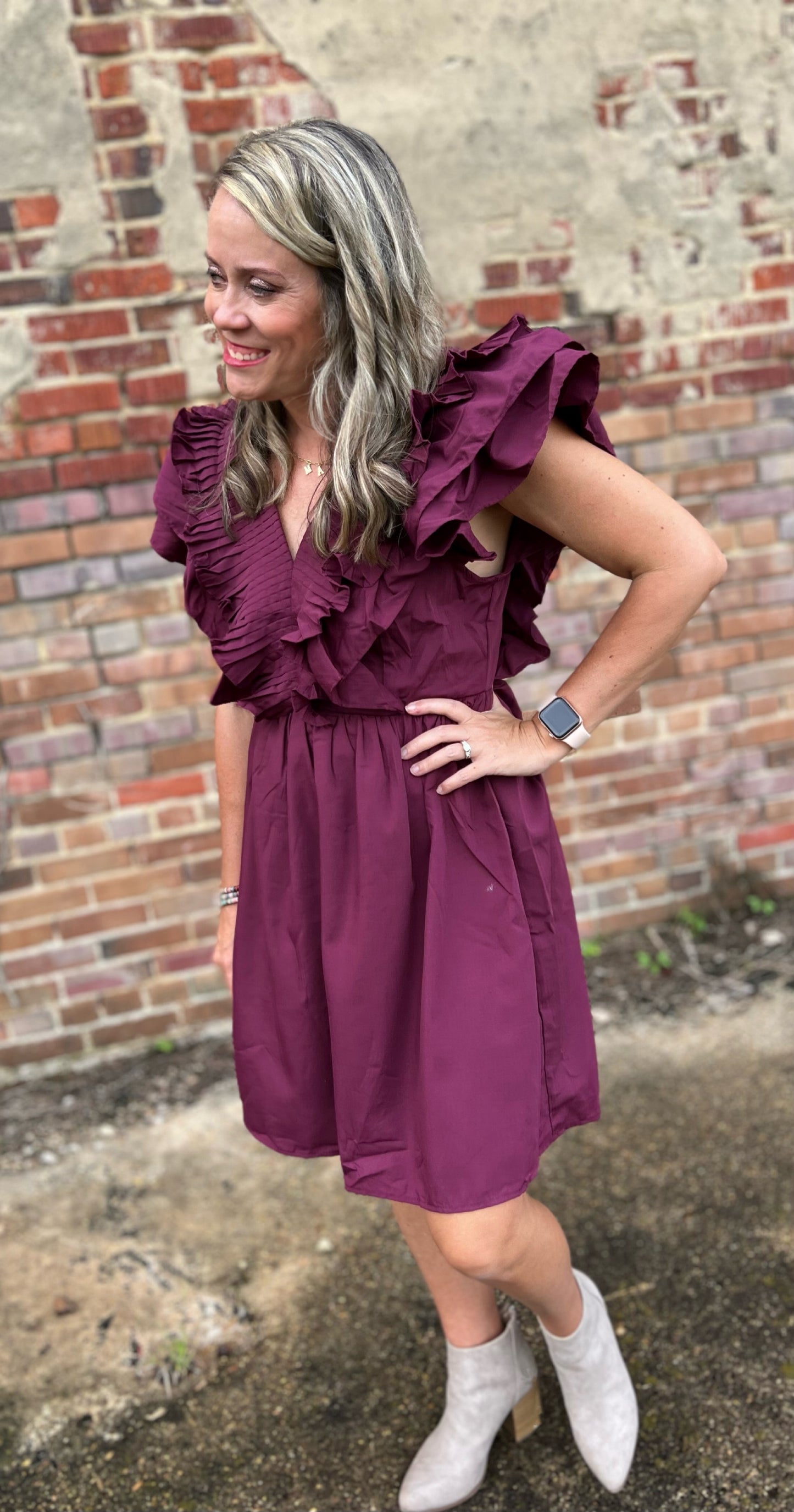 V Neck Dress with Pleats and Ruffle Detail